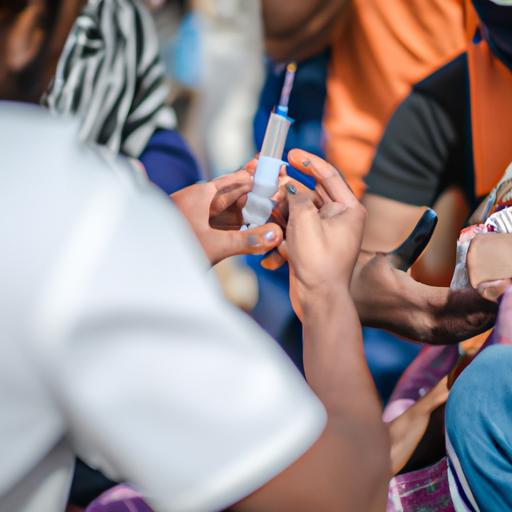 A compassionate doctor ensuring children in a refugee camp receive essential vaccines.