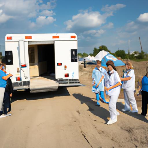 A team of medical professionals establishing a mobile clinic in a disaster-stricken area.