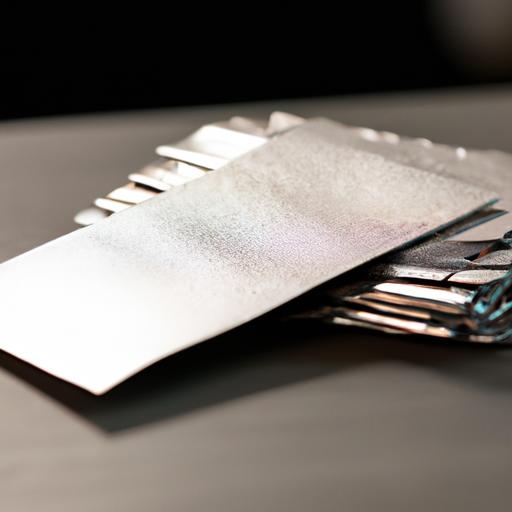 A pile of elegant silver foil business cards neatly stacked on a desk.